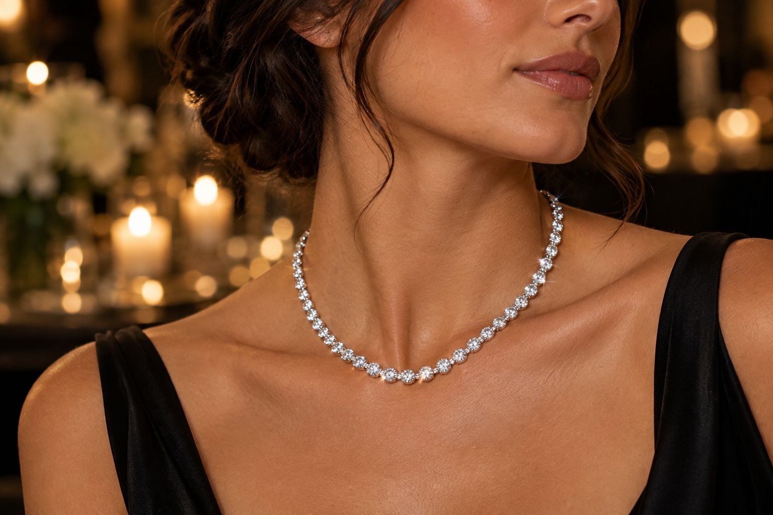 Diamond tennis necklace catching light on a neckline under warm evening lighting