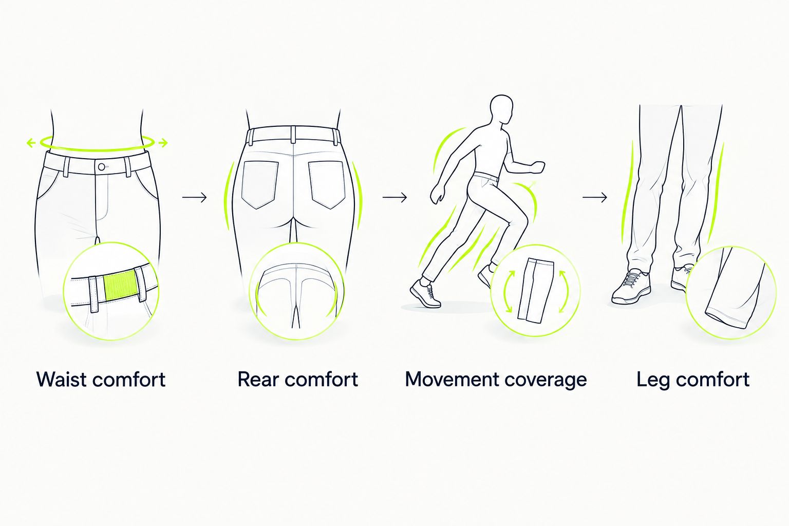 Four leggings fit checks covering the waist, rear detailing, movement coverage, and legs