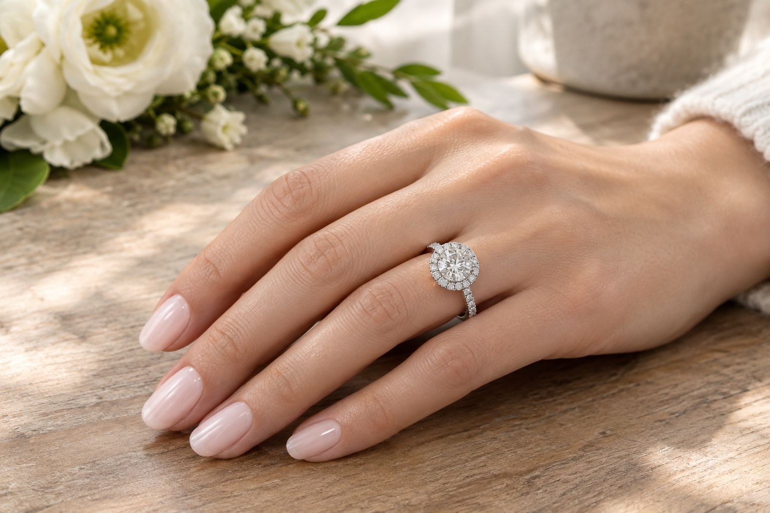 Hand wearing a round brilliant diamond ring with a halo setting