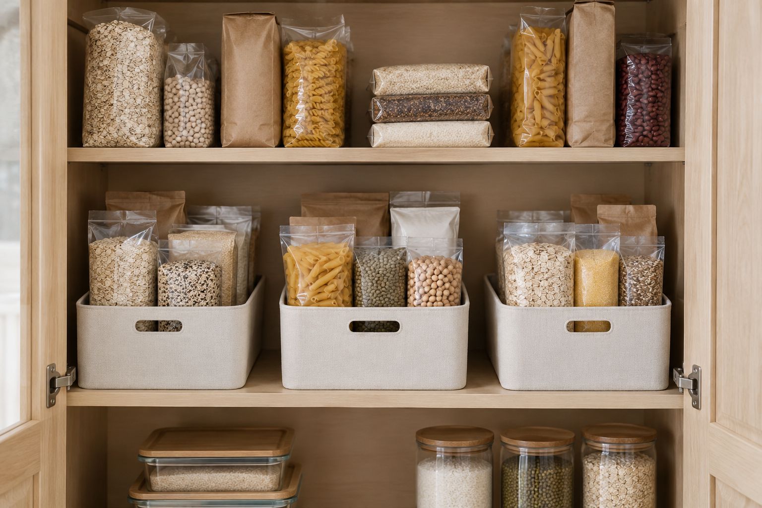 A compact pantry cabinet with separate everyday food and backstock zones