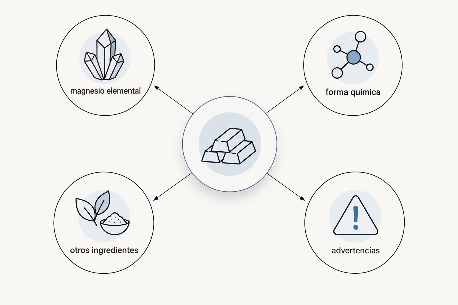 cuatro puntos de una etiqueta: magnesio elemental, forma química, otros ingredientes y advertencias