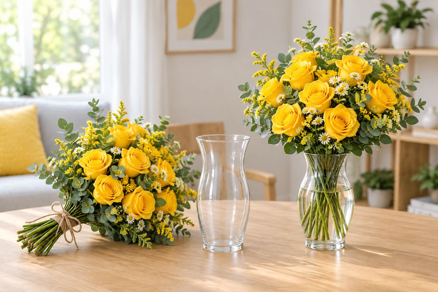 Hand-tied yellow roses beside an empty vase, compared with yellow roses already arranged in a vase