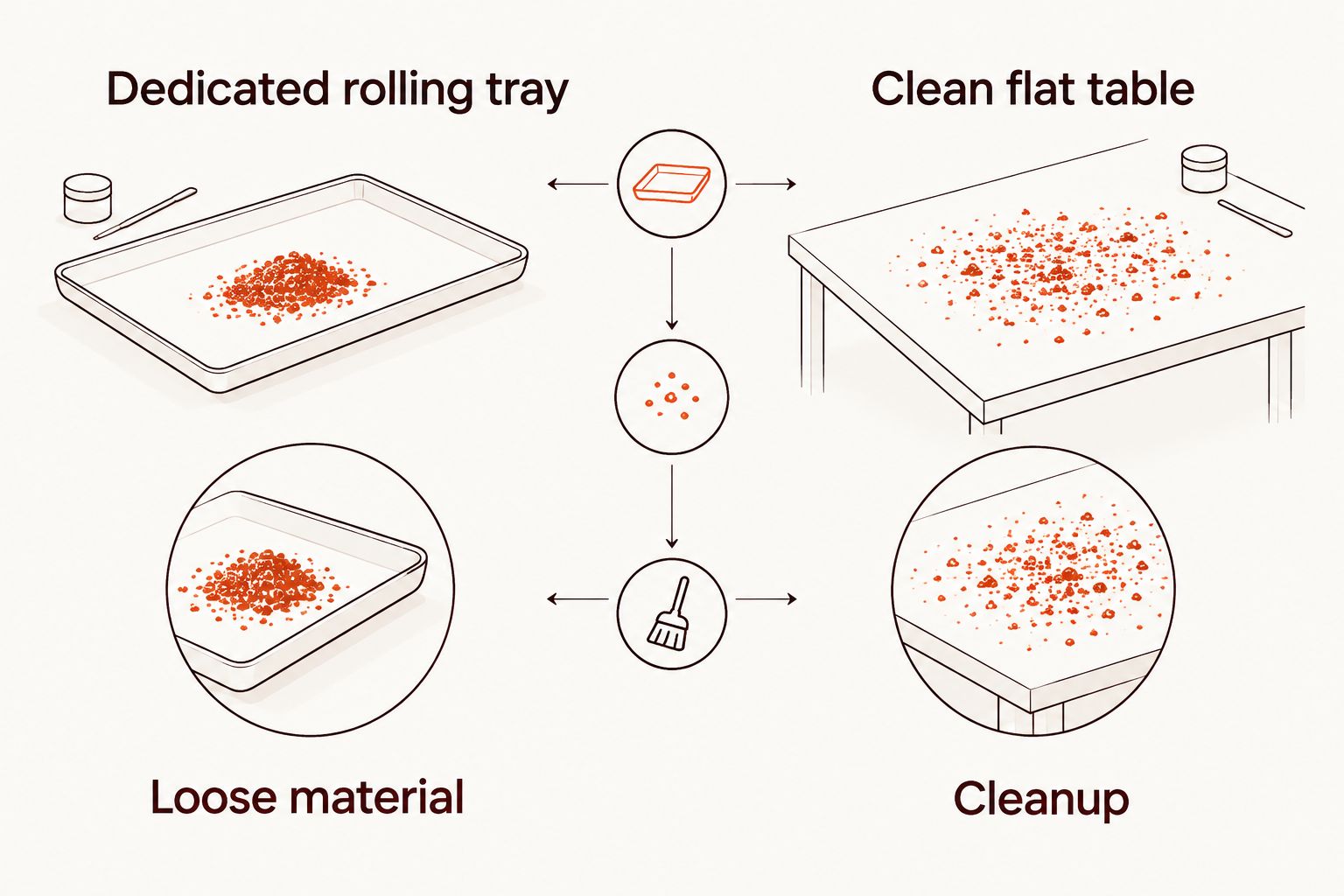 Comparison of a dedicated rolling tray and a clean, flat table for containing loose material