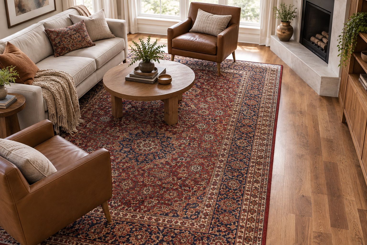 Traditional area rug anchoring a sitting area beside a clear walking route.