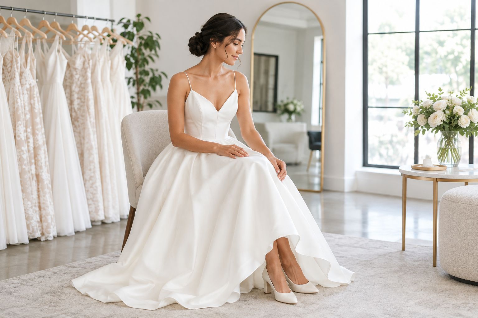 Bride checking how an ivory wedding gown fits while seated naturally