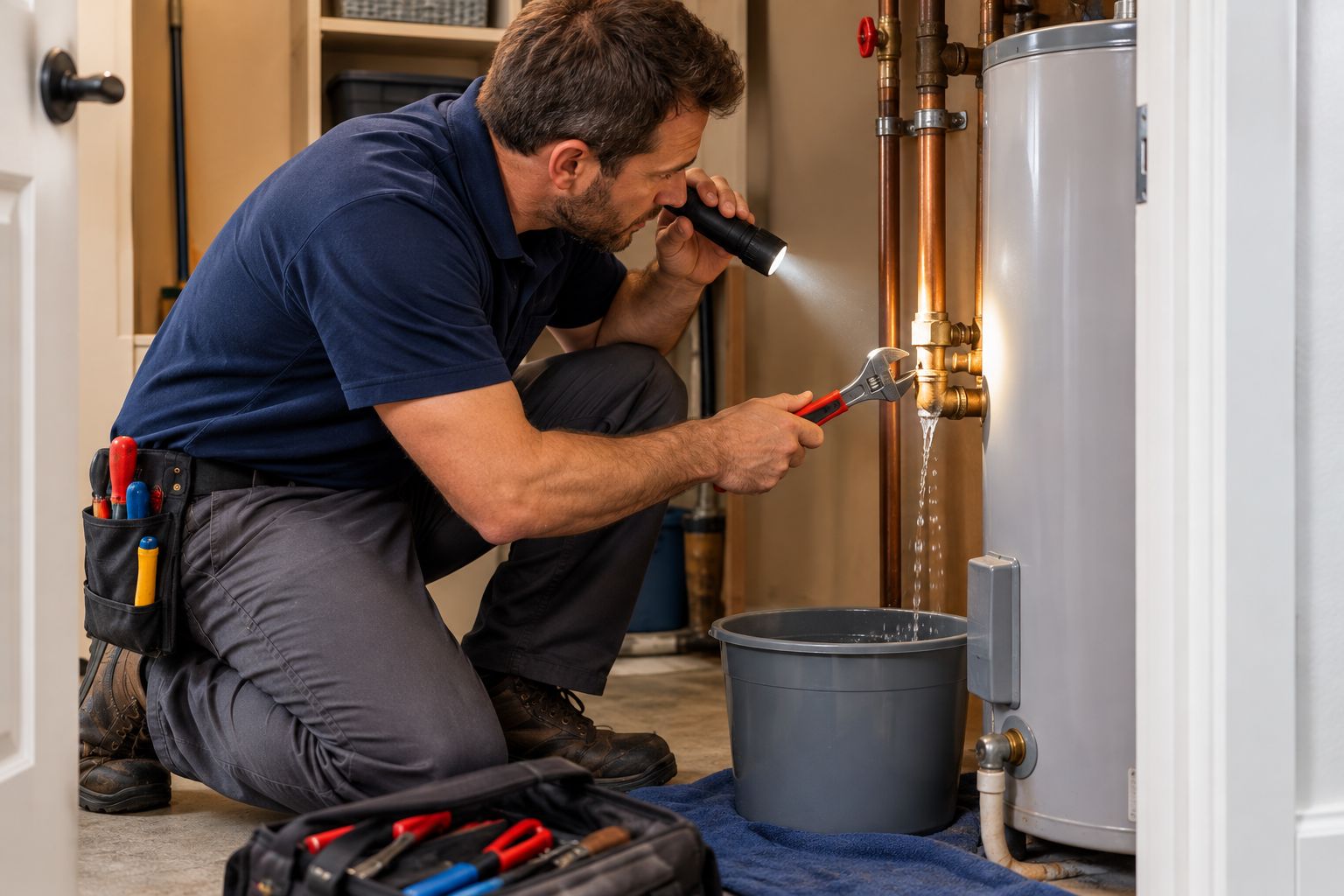 Plumber inspecting a leaking pipe fitting near a home water heater