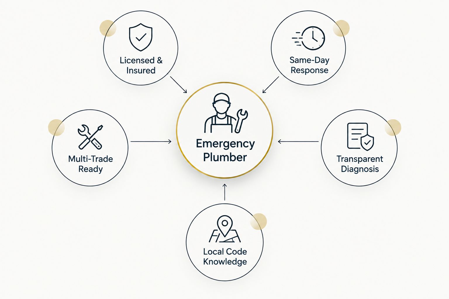 Diagram of five criteria orbiting a central emergency plumber hub