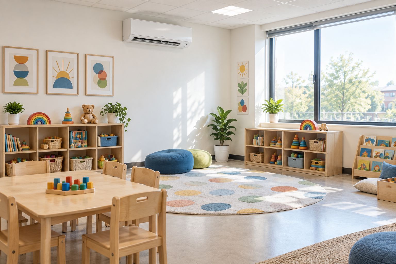 Daycare classroom with a wall-mounted ductless mini-split HVAC unit