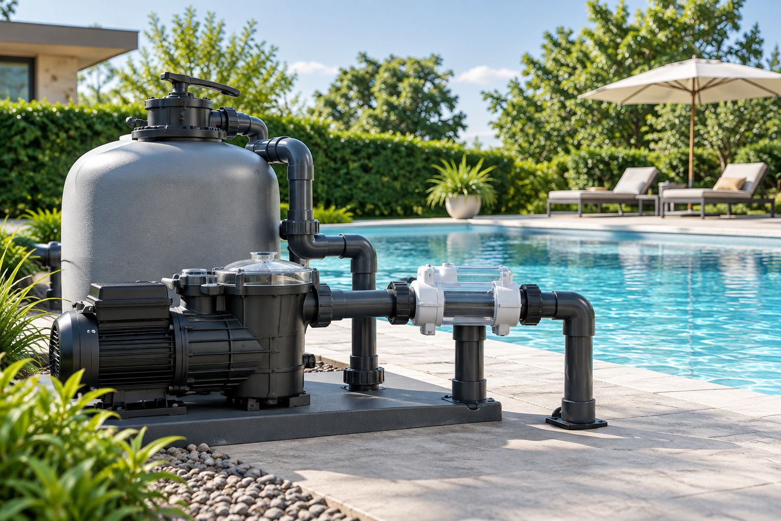 Salt chlorinator cell installed among residential pool plumbing and equipment