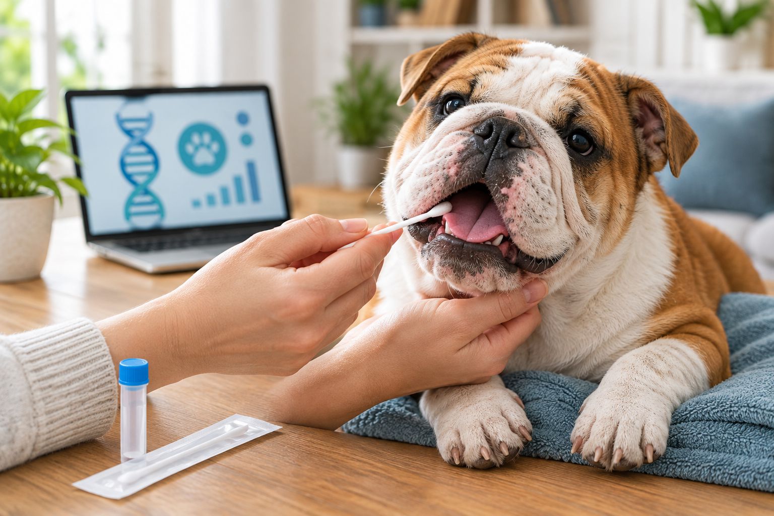 Cheek swab sample collection from a bulldog puppy for a DNA test kit