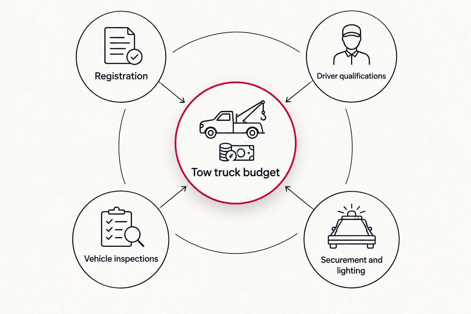 Tow truck compliance budget divided into registration, drivers, inspections and equipment