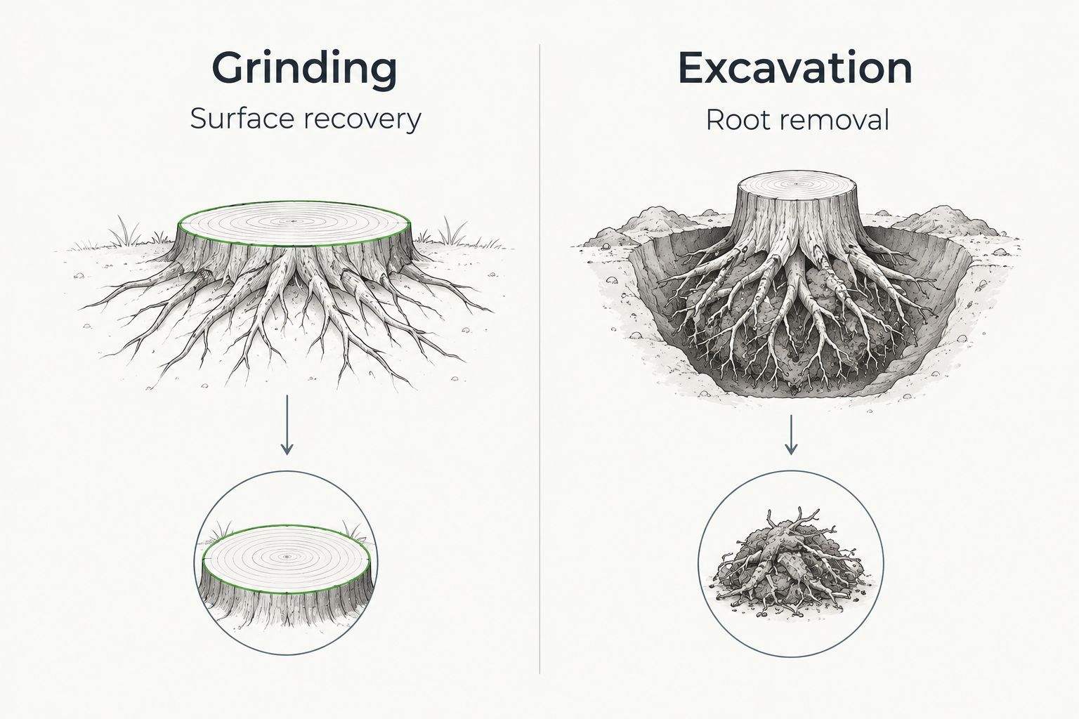 Comparison of stump grinding for surface recovery and excavation for root removal