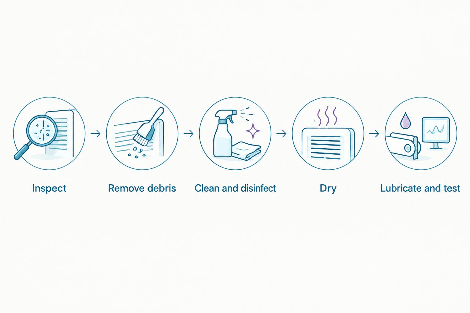 Blade-care sequence from inspection and debris removal to drying, lubrication and testing