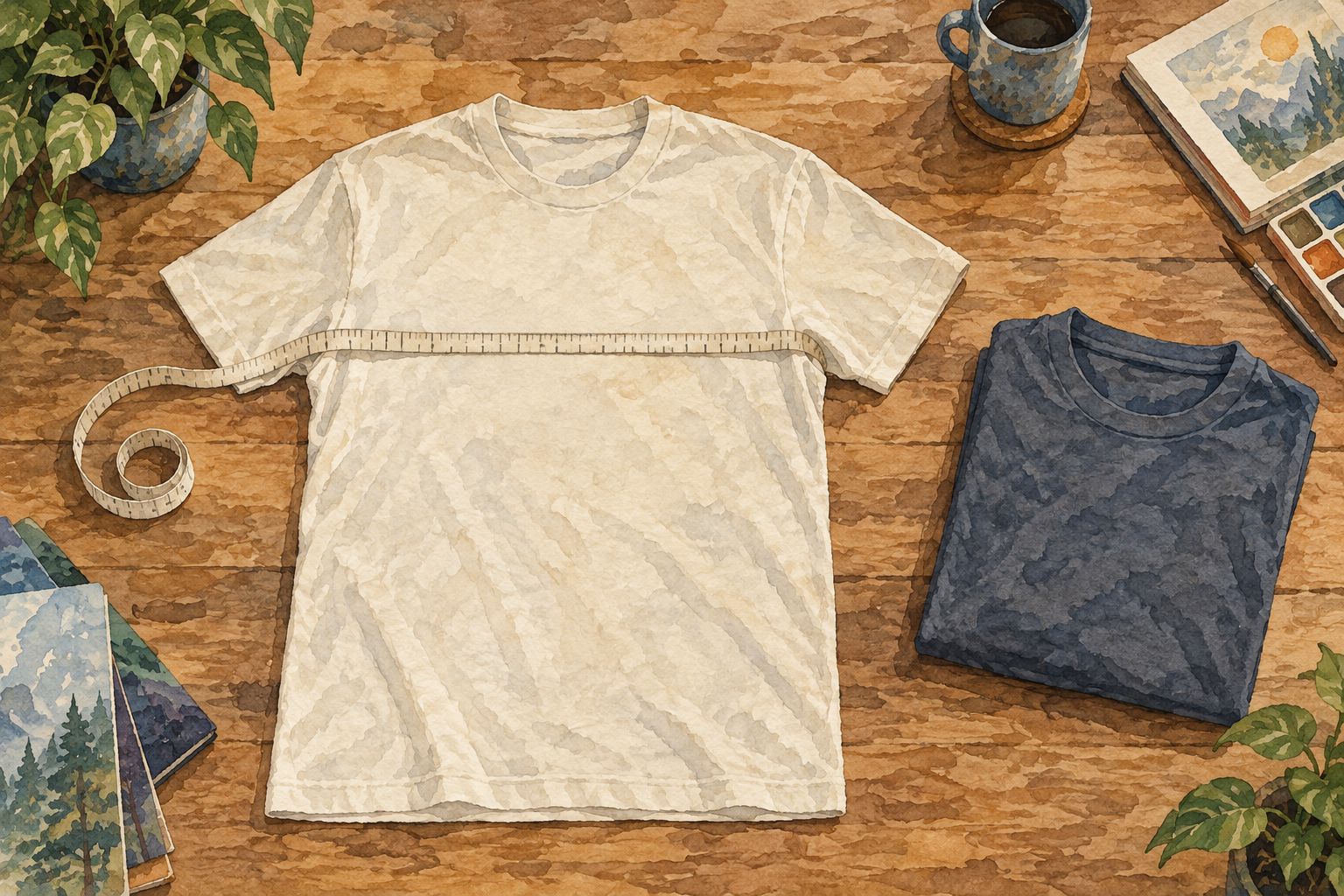 A plain T-shirt laid flat with an unmarked measuring ribbon across the chest