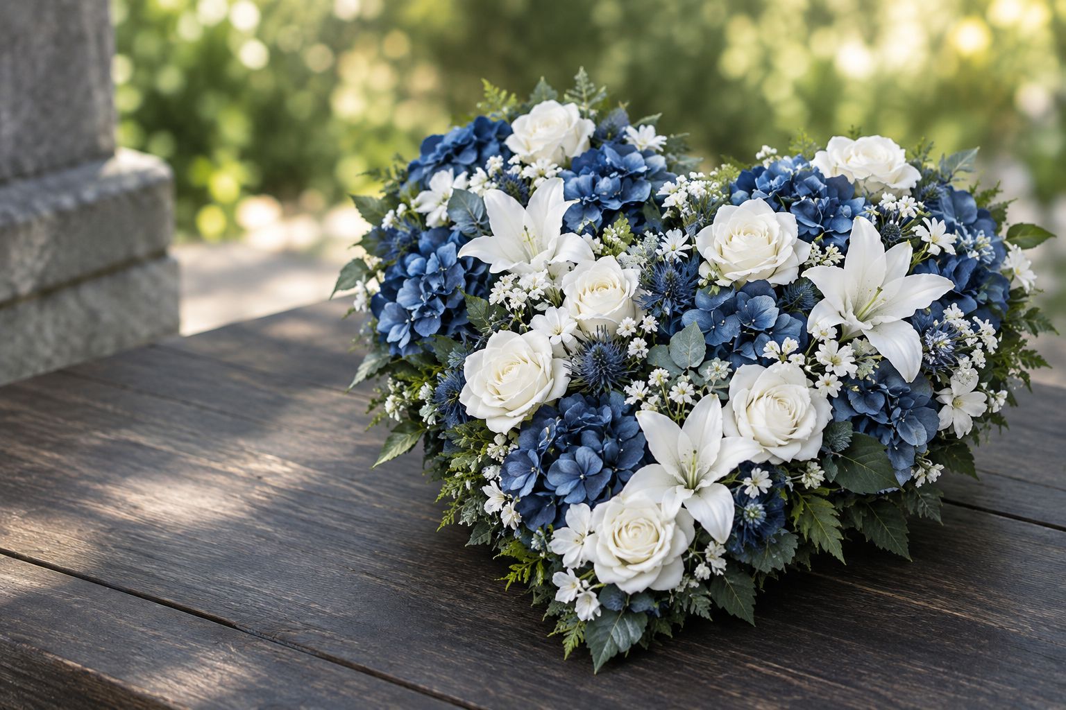 Heart-shaped silk funeral flower tribute in blue and white tones
