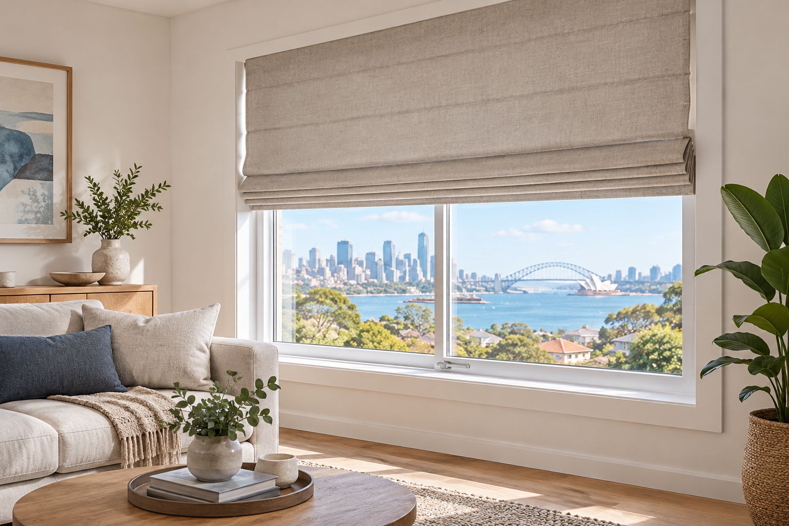 Partly raised fabric Roman blind showing gathered folds and clearance around a window handle