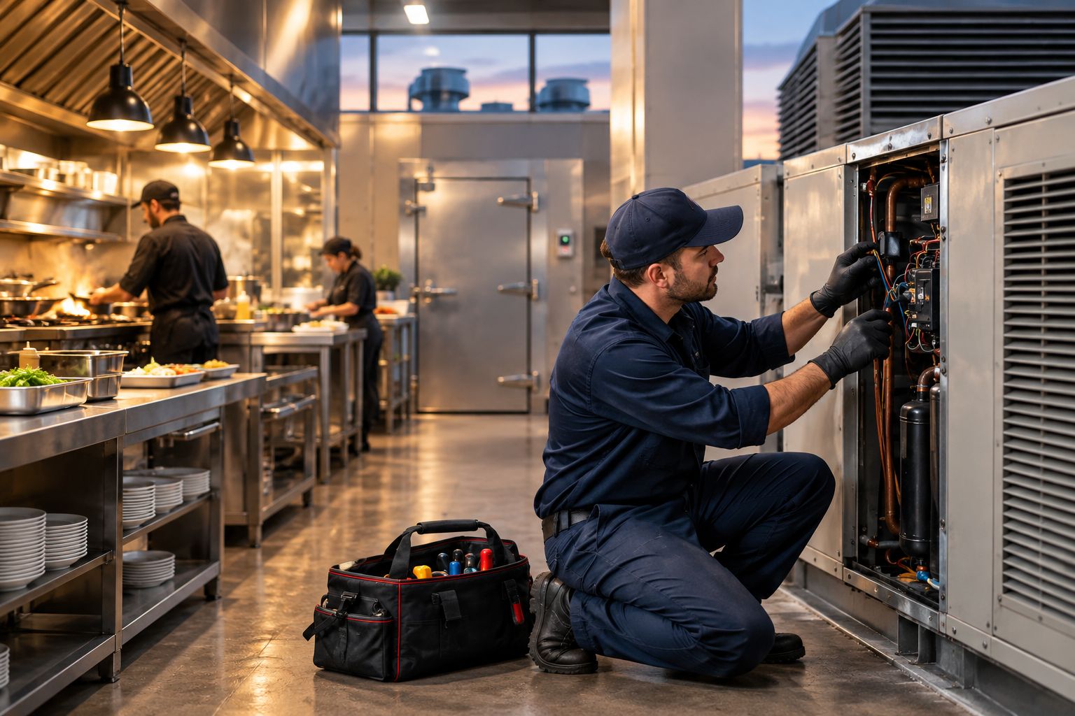 Restaurant kitchen line with a walk-in cooler and an HVAC access panel