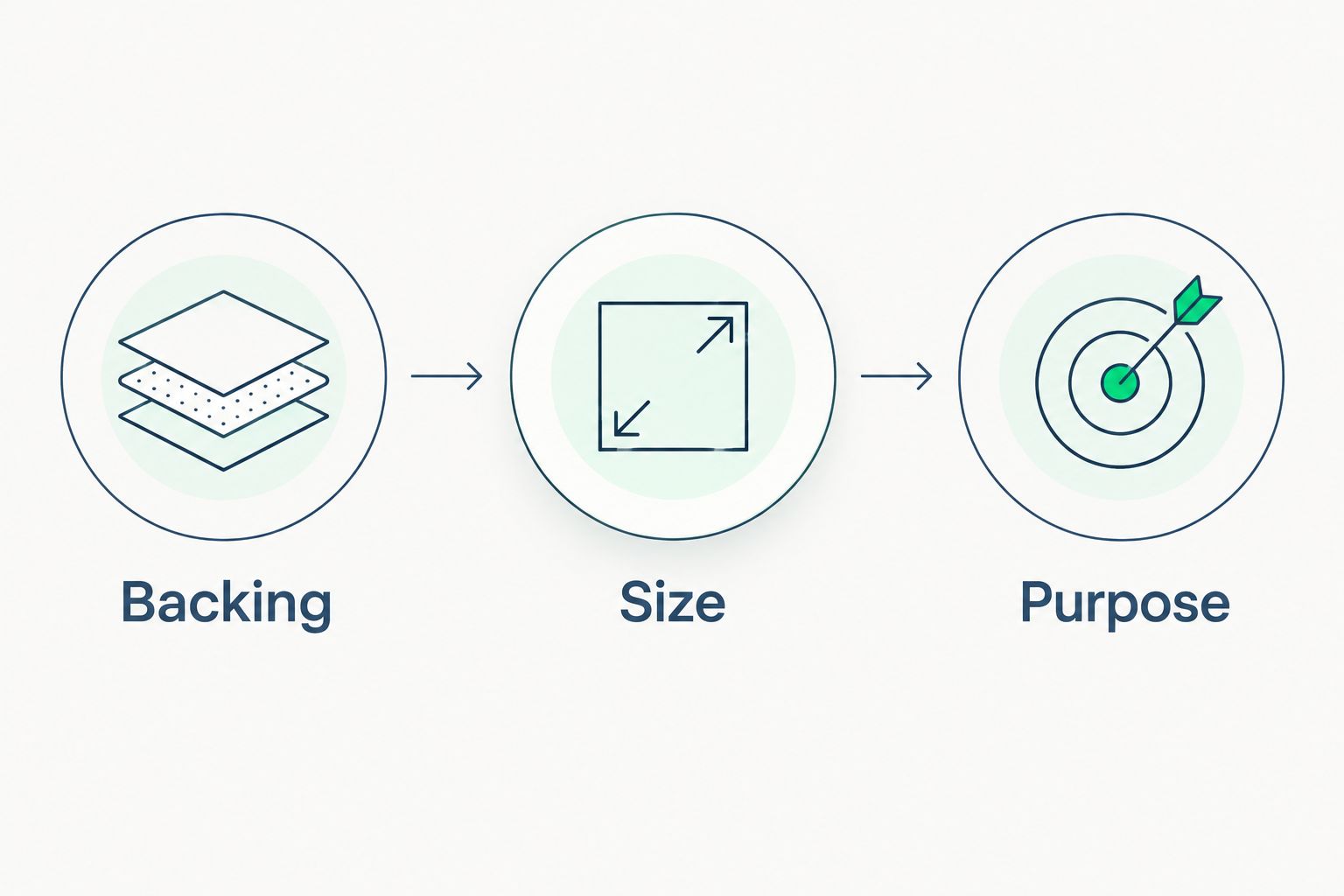 Three patch-buying checks: backing, size, and purpose