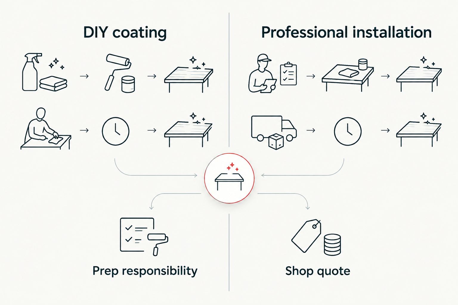 Comparison of DIY coating and professional installation by preparation and quote scope