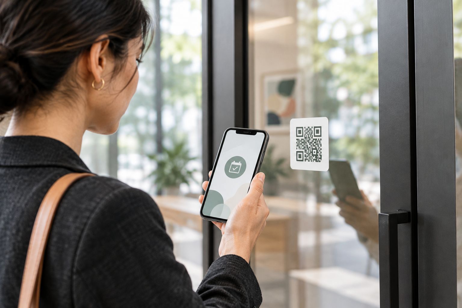 A visitor scanning a generic QR sticker on a glass door with visible reflections