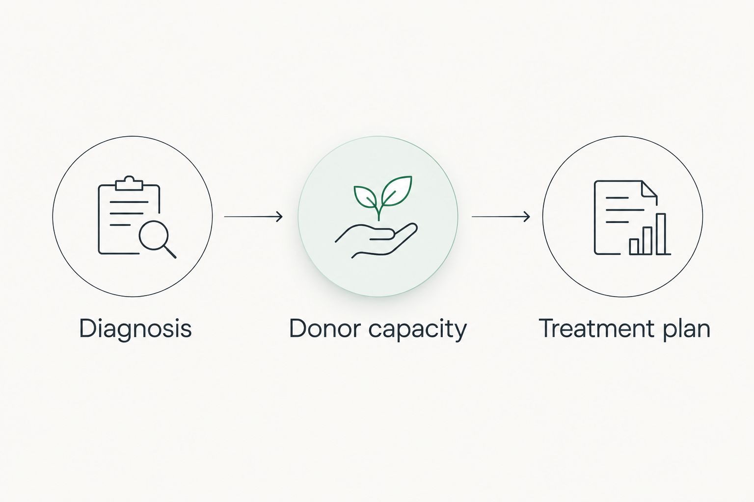 Consultation sequence connecting diagnosis, donor capacity, and the treatment plan