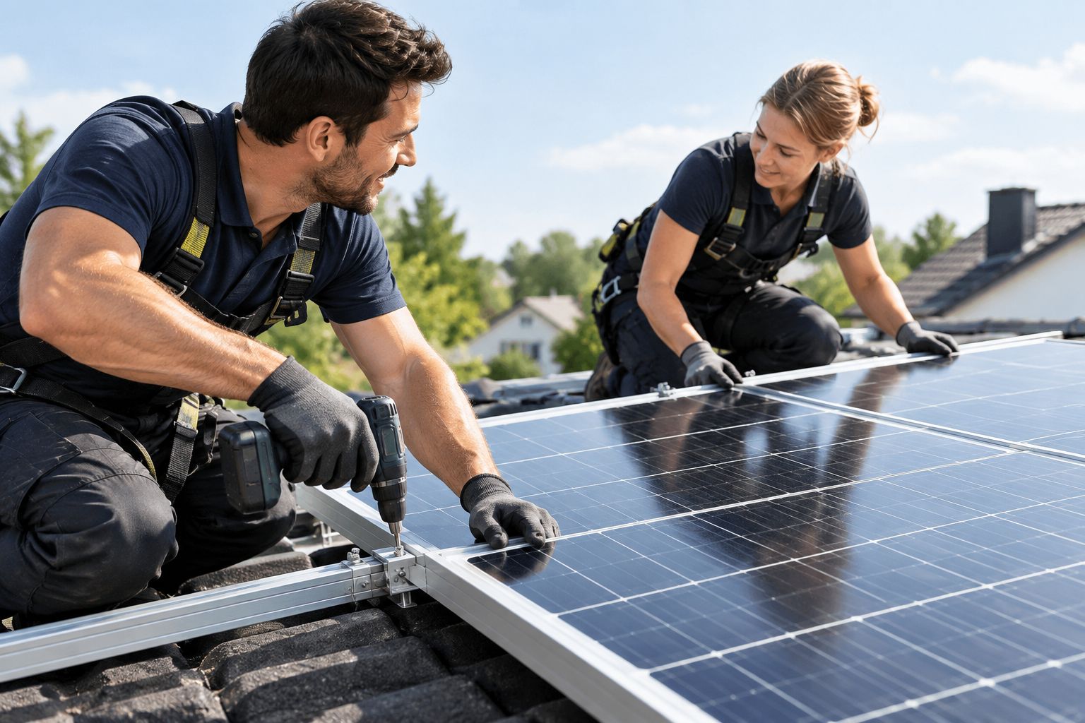 Solcelleinstallatører monterer solpaneler på et tag