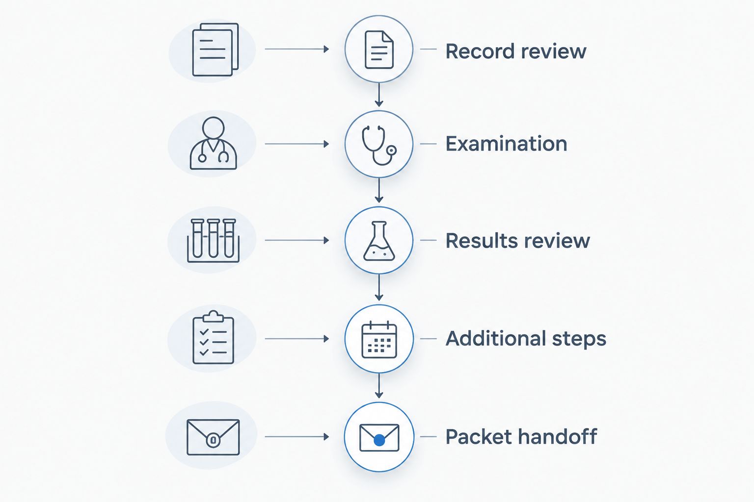 Five planning phases from record review through examination, results, additional steps, and packet handoff.