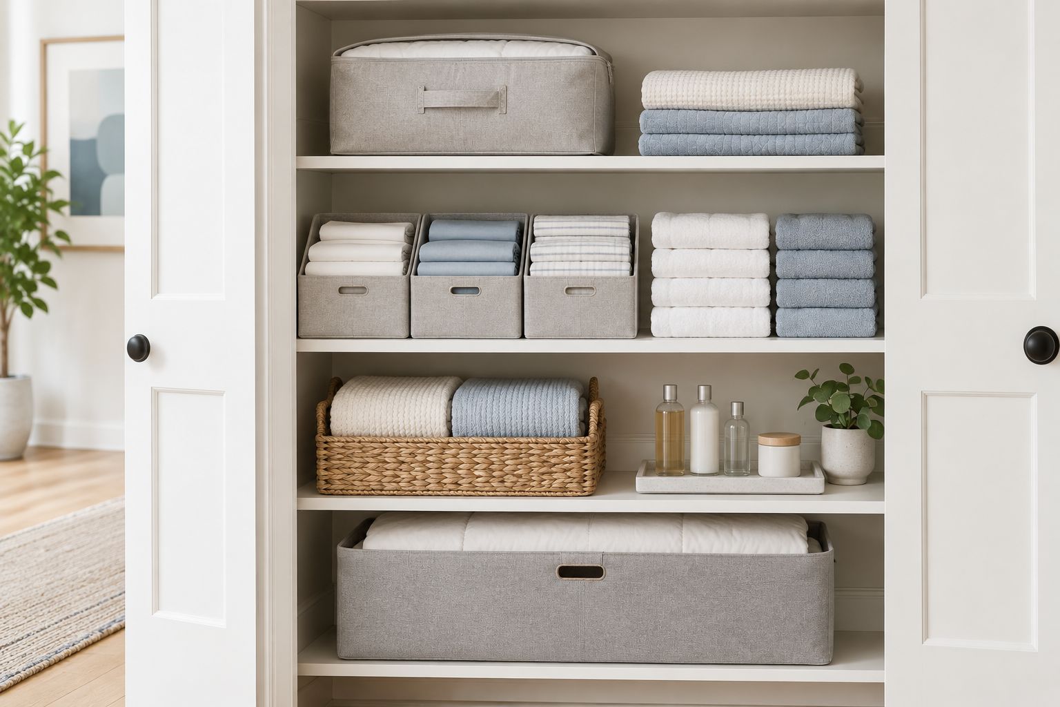 Linen closet with accessible sheet bins, divided towel stacks, and separately stored bedding and bottles