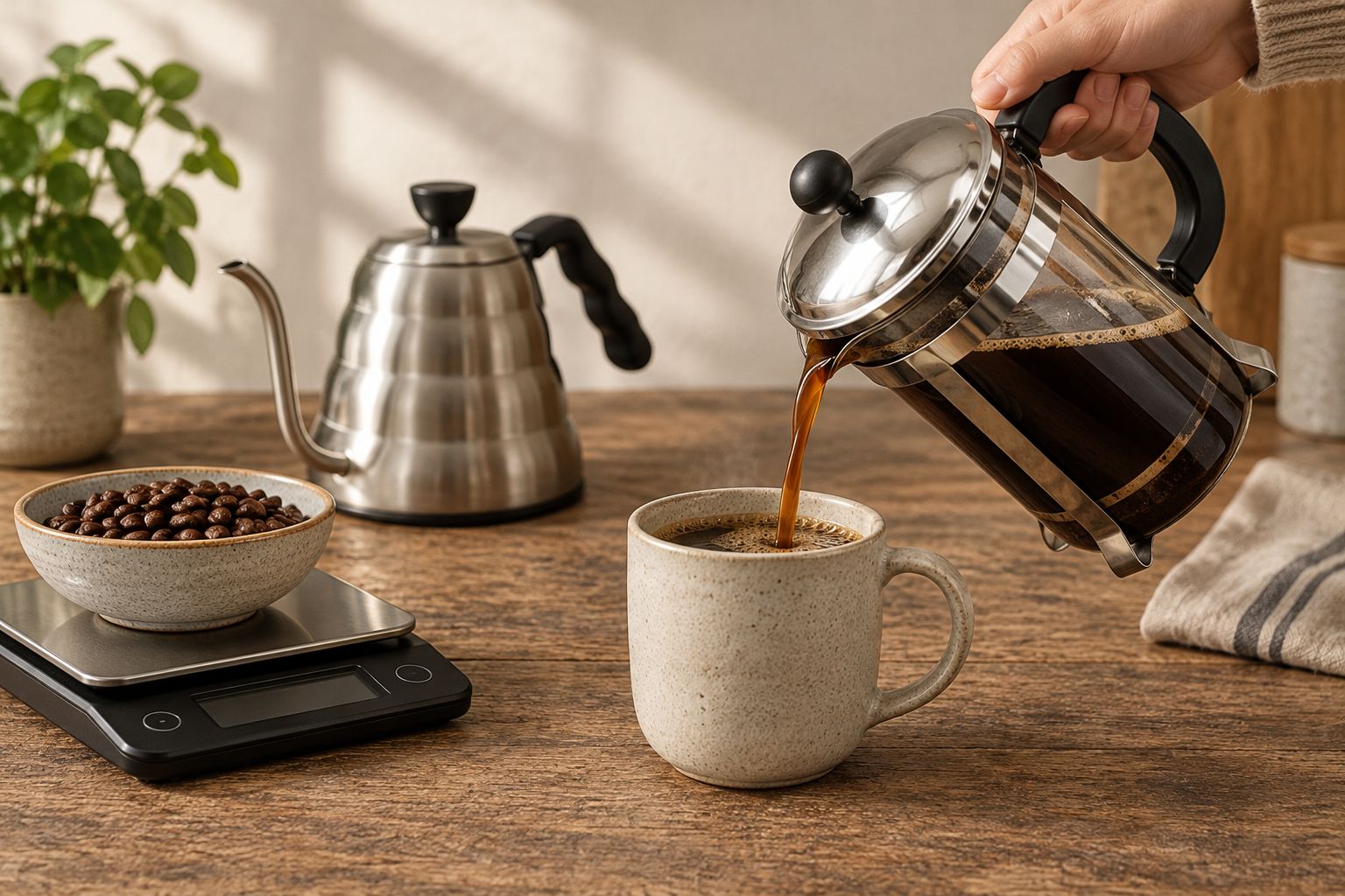 A French press being poured gently into a mug beside a kettle and kitchen scale
