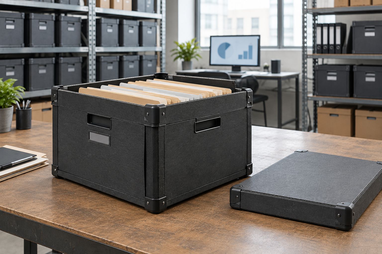 Open corrugated file box with its separate lid beside it on a records workbench