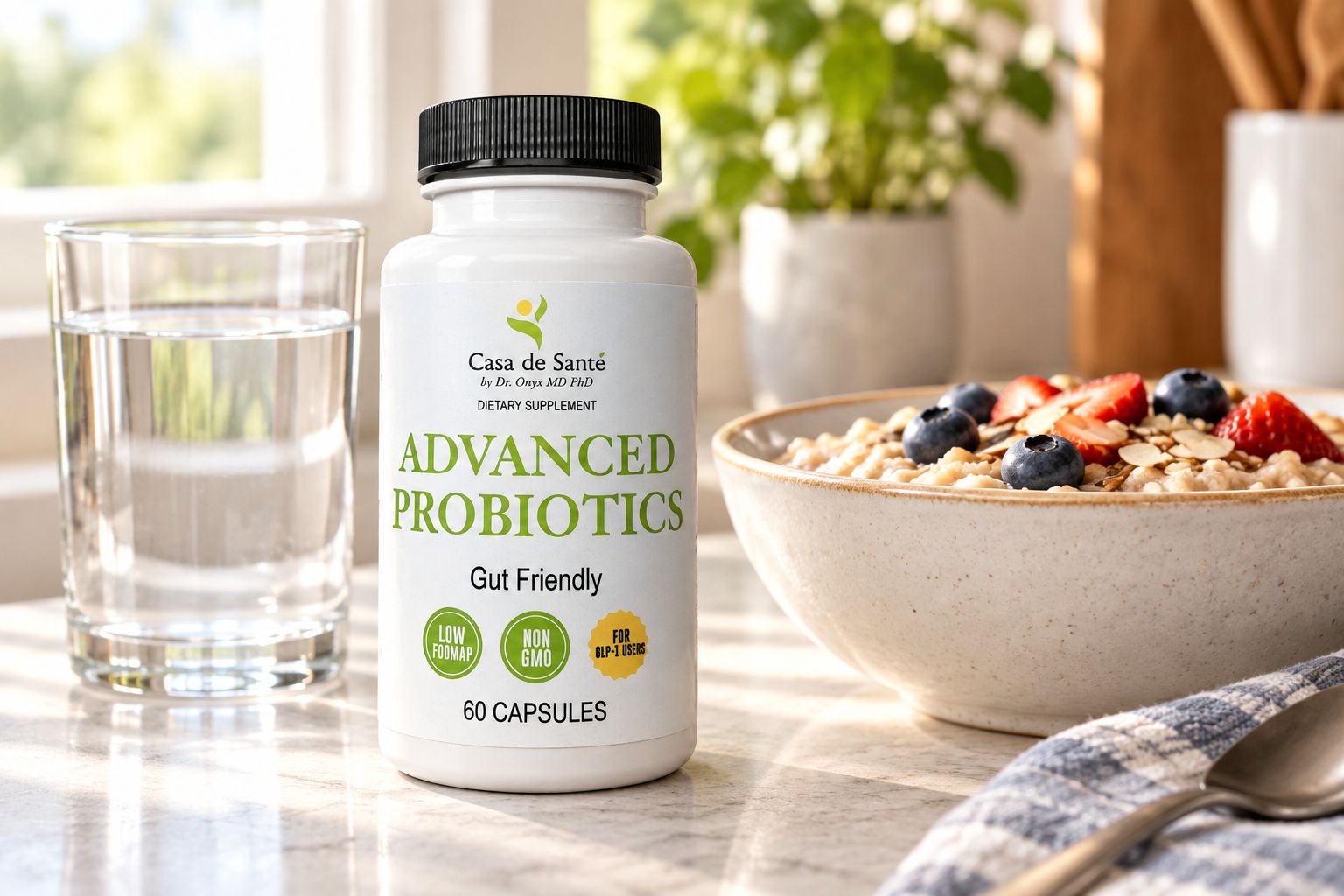 Probiotic supplement bottle on a kitchen counter next to water and breakfast