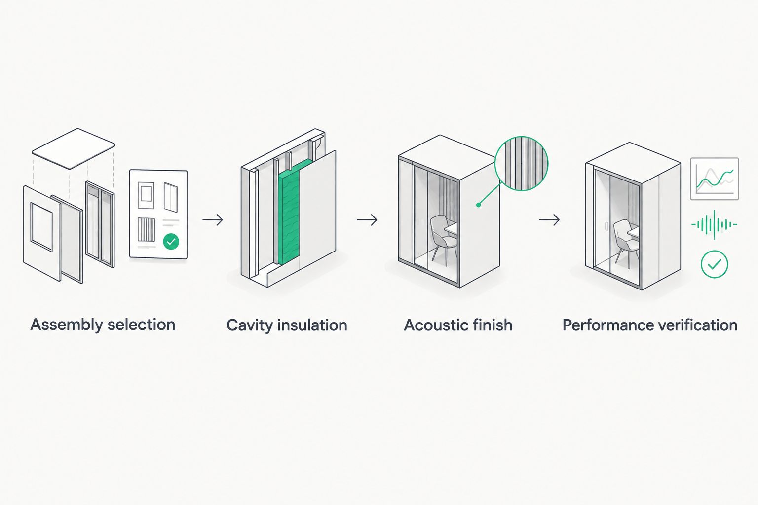 Workflow from assembly selection through cavity insulation, acoustic finish, and performance verification