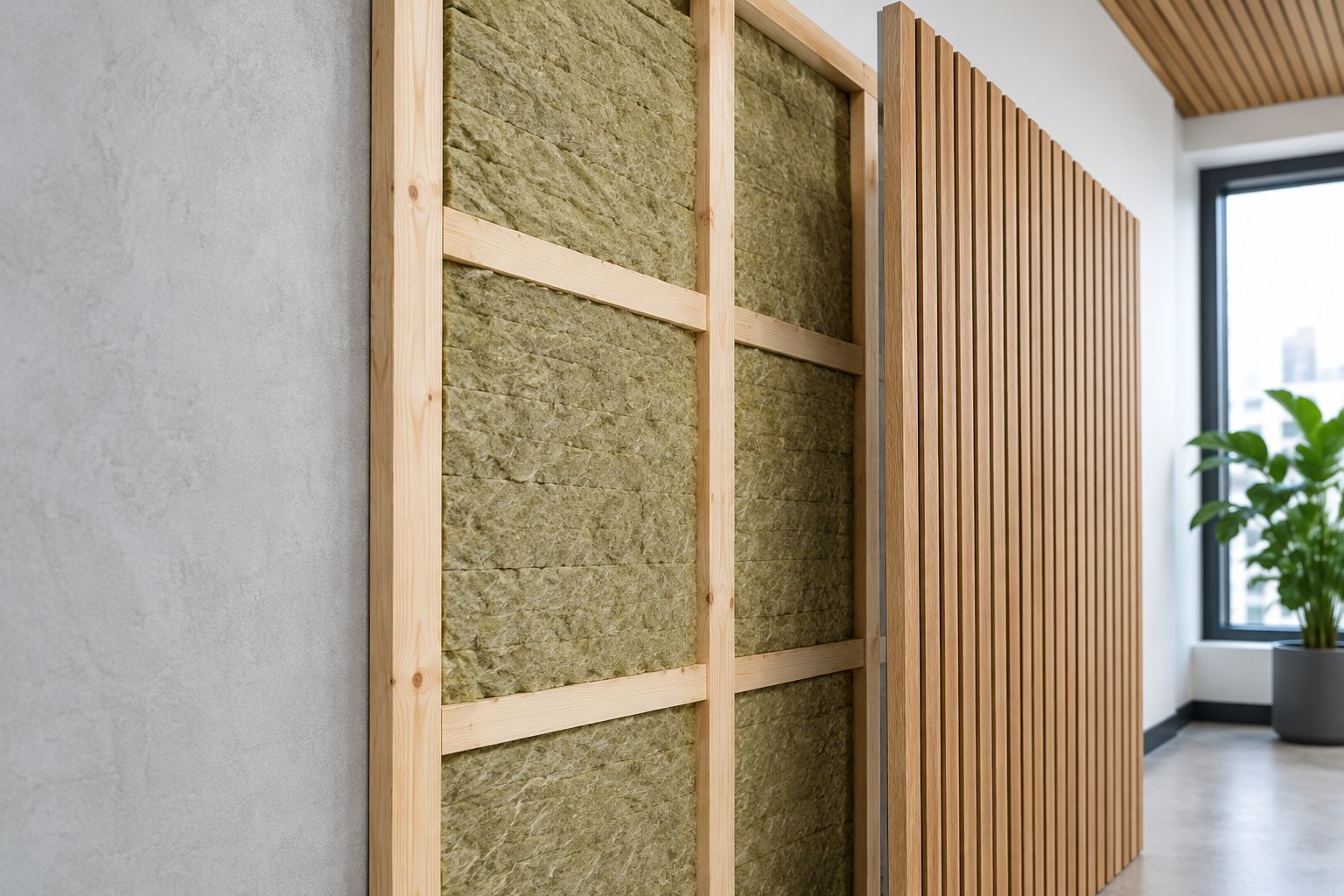 Wall-treatment mock-up showing mineral wool and a wood-slat facing in front of an intact wall