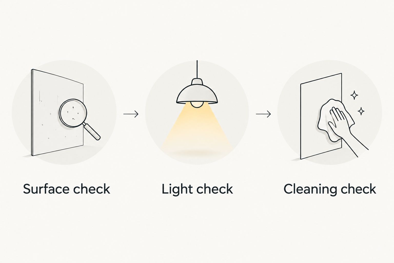 Three checks for choosing a hallway finish: surface condition, lighting, and cleaning instructions.