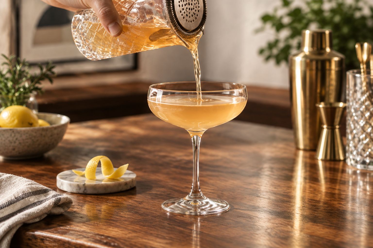 Pouring a cocktail into a classic stemmed coupe glass on a home bar