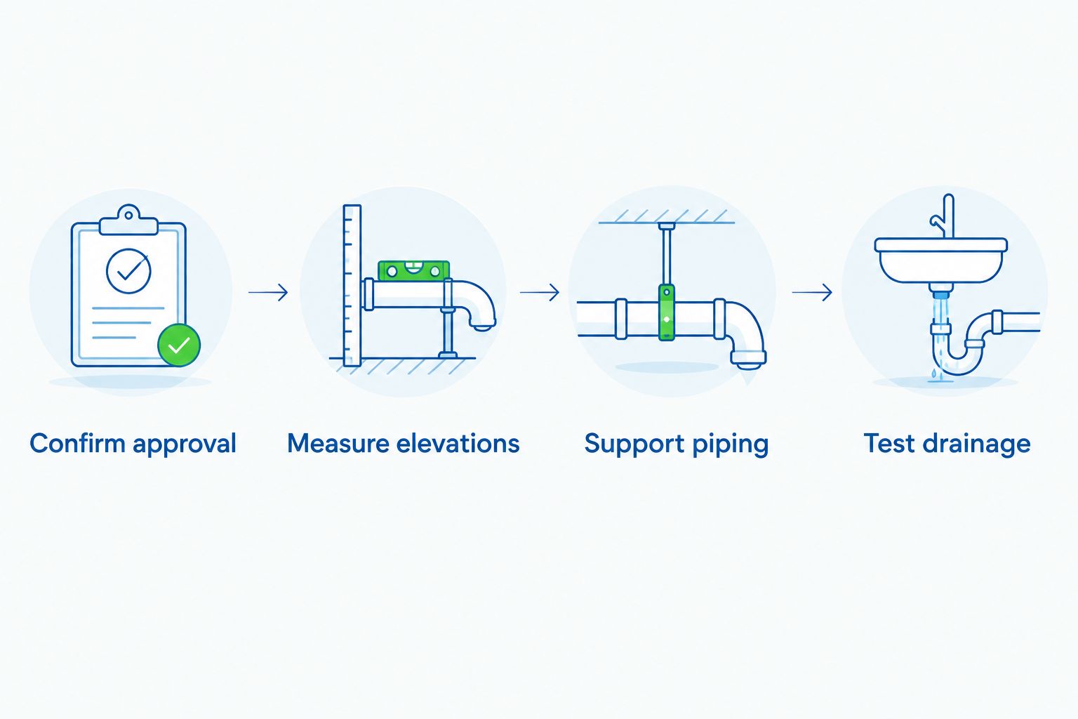 Drain connection sequence: confirm approval, measure elevations, support piping, and test drainage