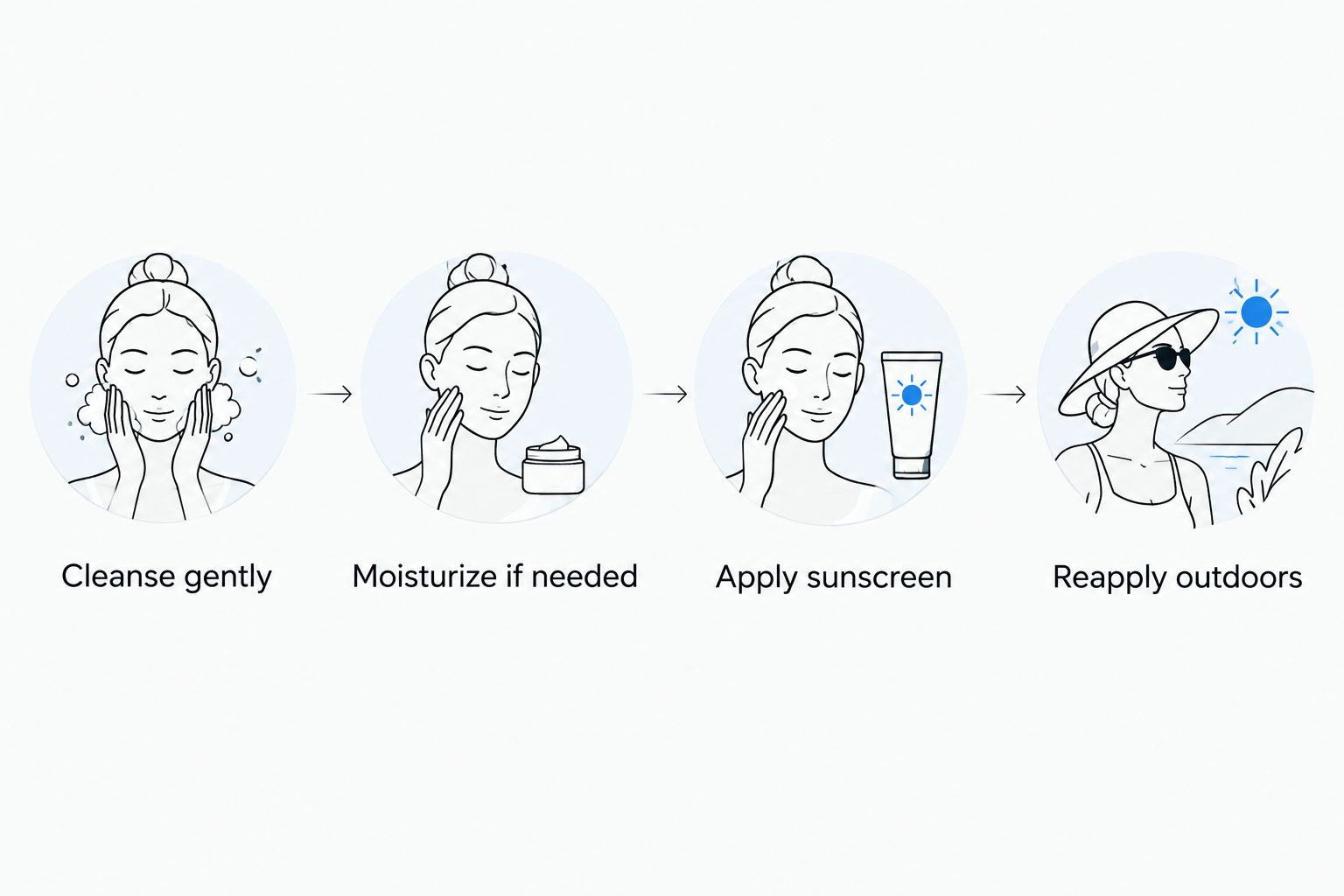 Morning skincare sequence from gentle cleansing to sunscreen application and outdoor reapplication.