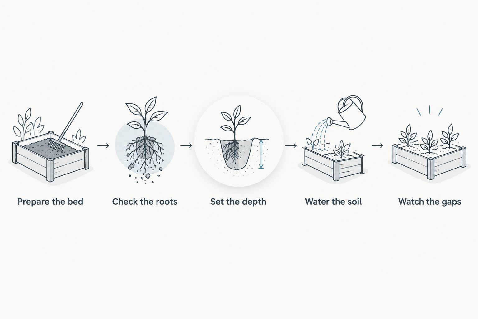 Five steps for preparing a bed, planting native plugs, watering, and controlling weeds