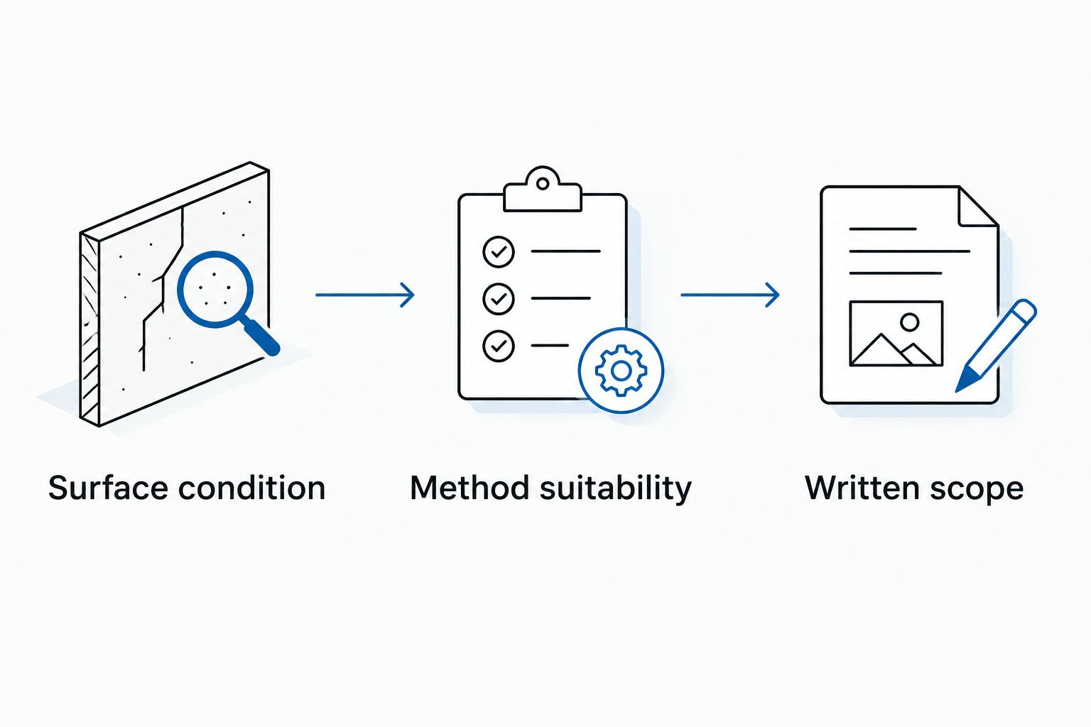 Three checks before render cleaning: surface condition, method suitability and written scope.