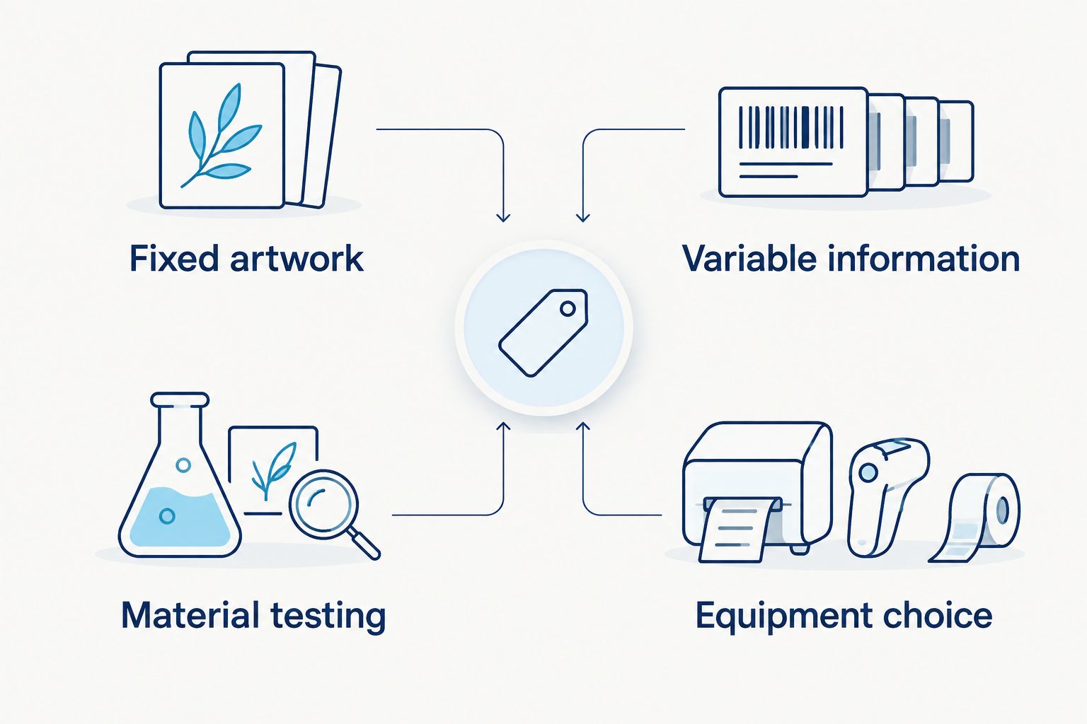 Fixed-artwork and variable-information label workflows with material and equipment checks