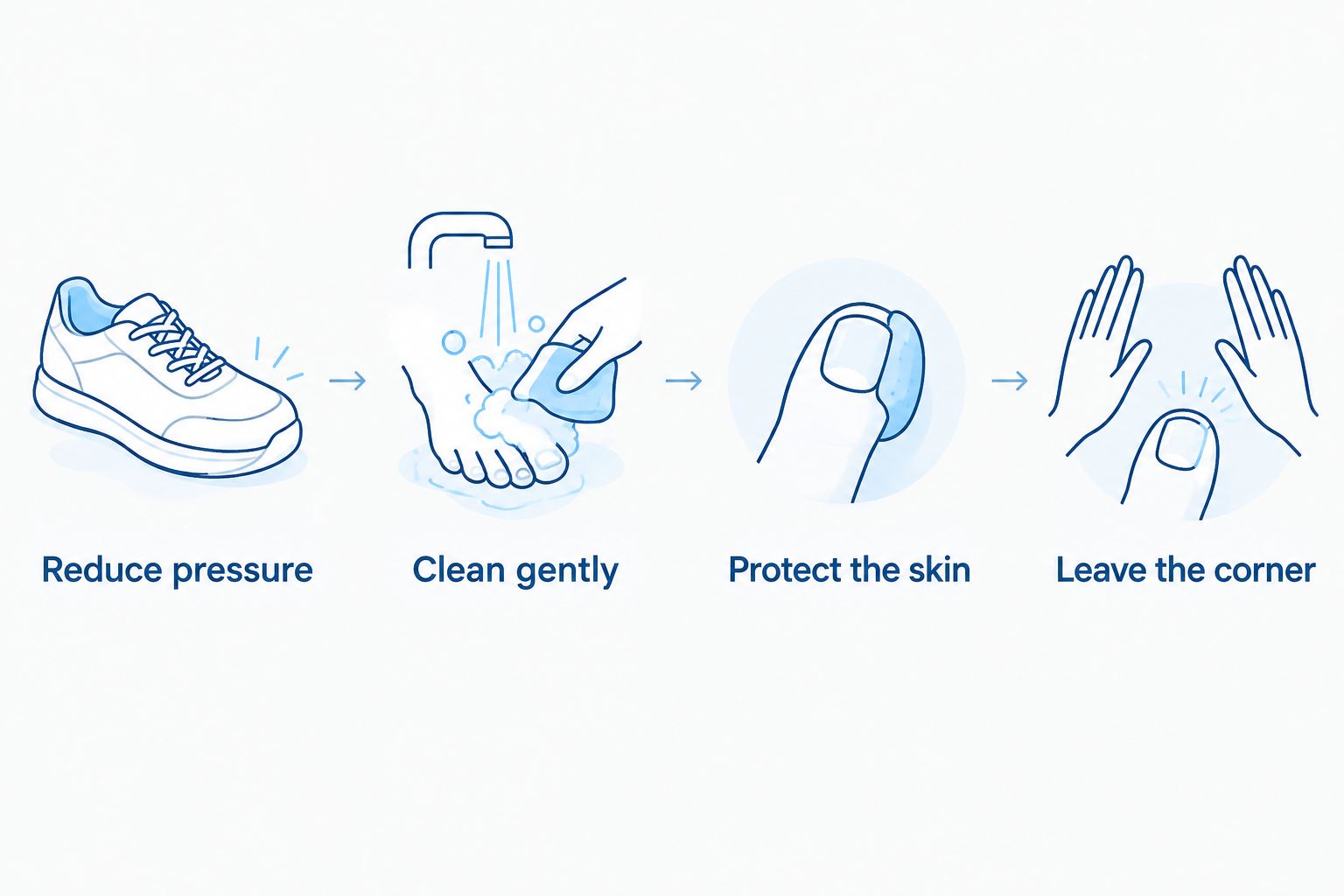 Four comfort steps: reduce pressure, clean gently, protect the skin, and leave the nail corner alone.