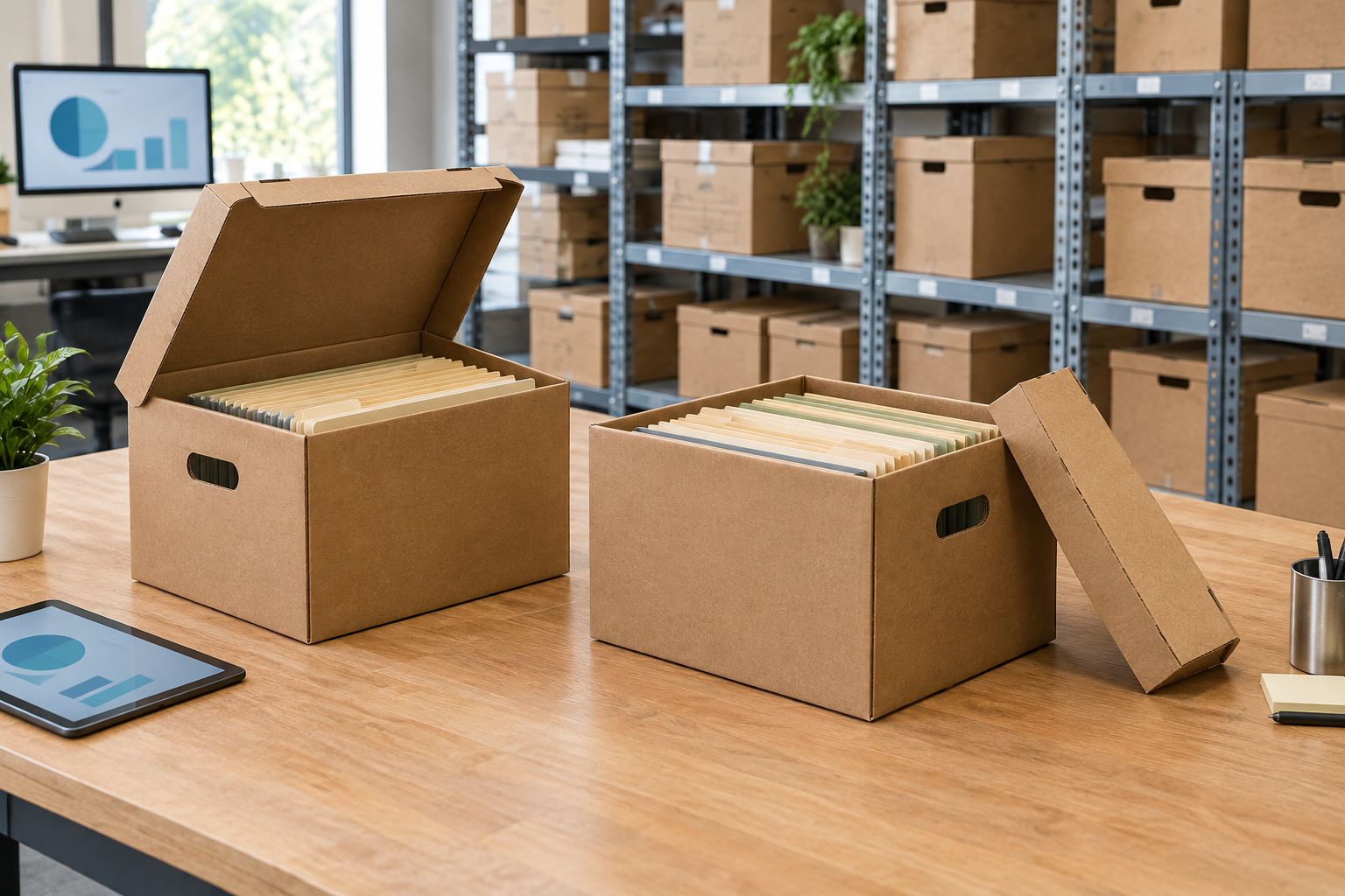 Brown file boxes showing an open attached lid and a separate lid resting beside its box