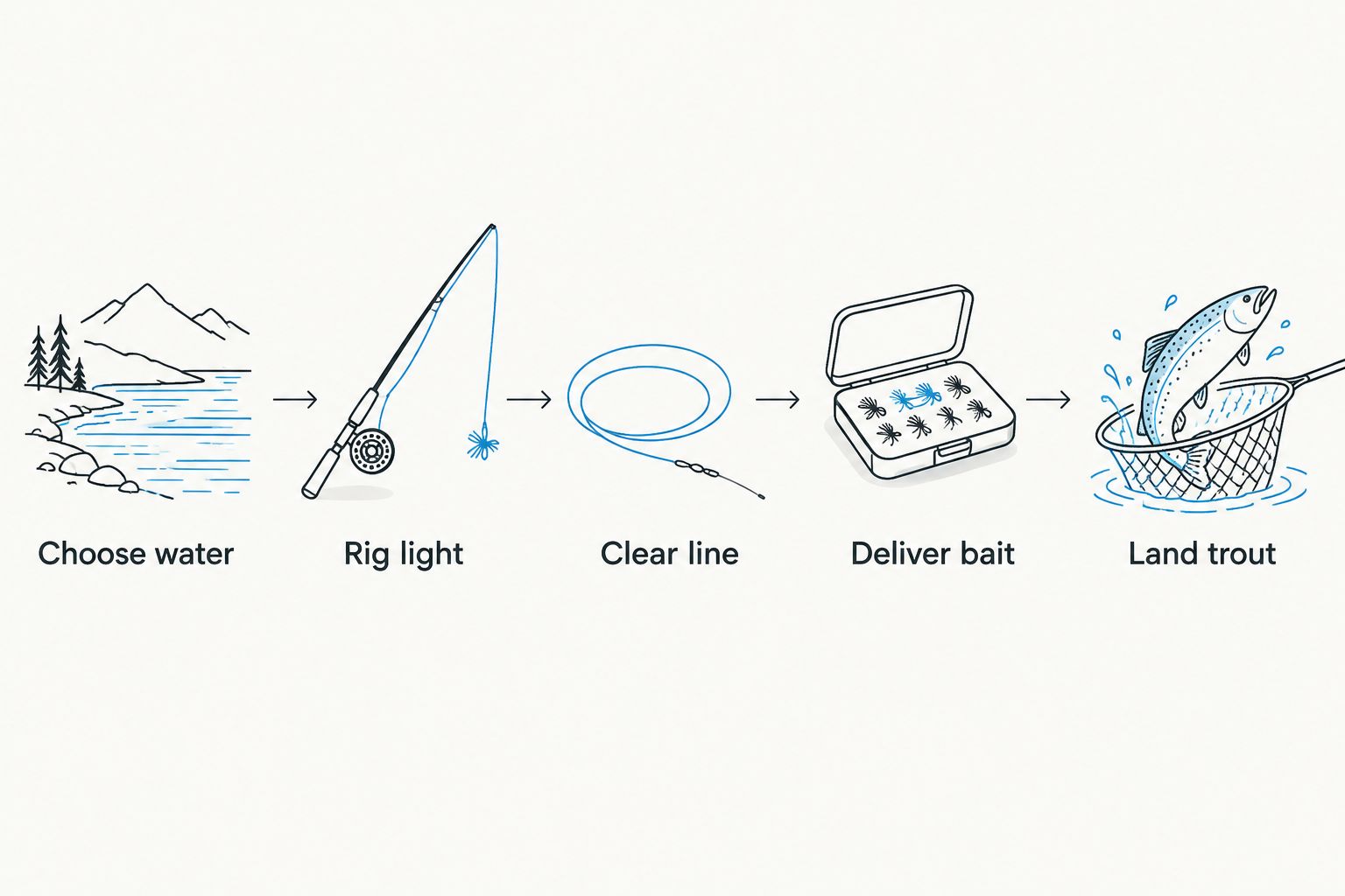 Steps for choosing reachable trout water, controlling line, and landing a fish