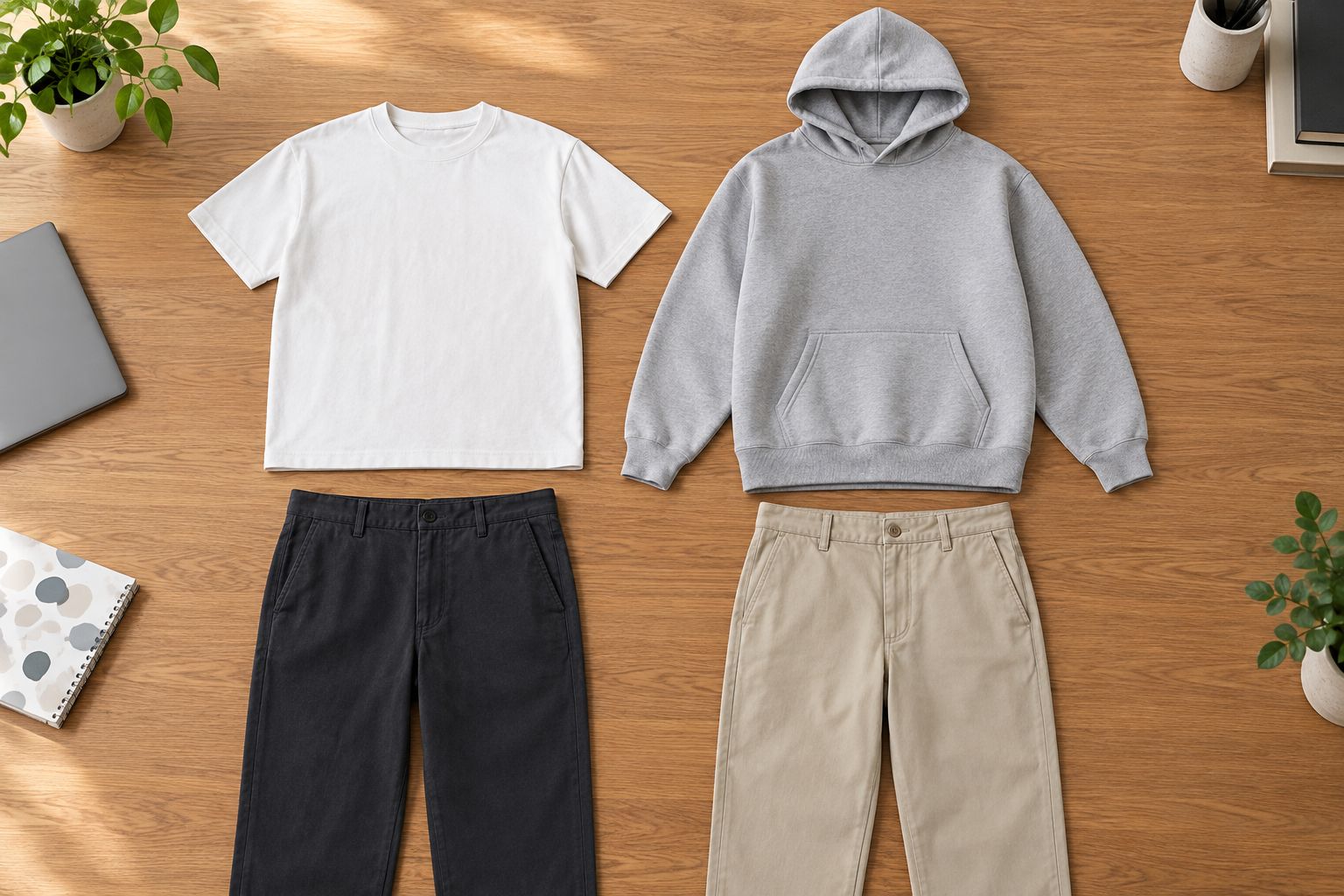 Plain tee and hooded sweatshirt laid flat with trousers to compare outfit proportions