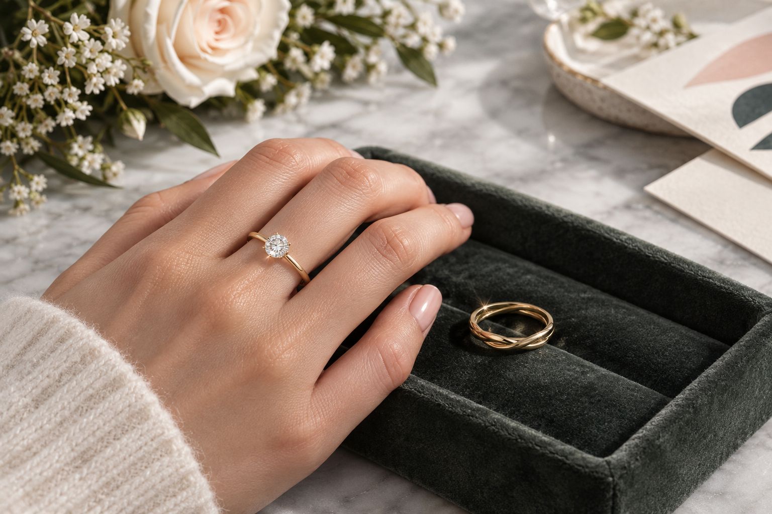 Hand wearing a solitaire engagement ring beside an interlocking stacking band