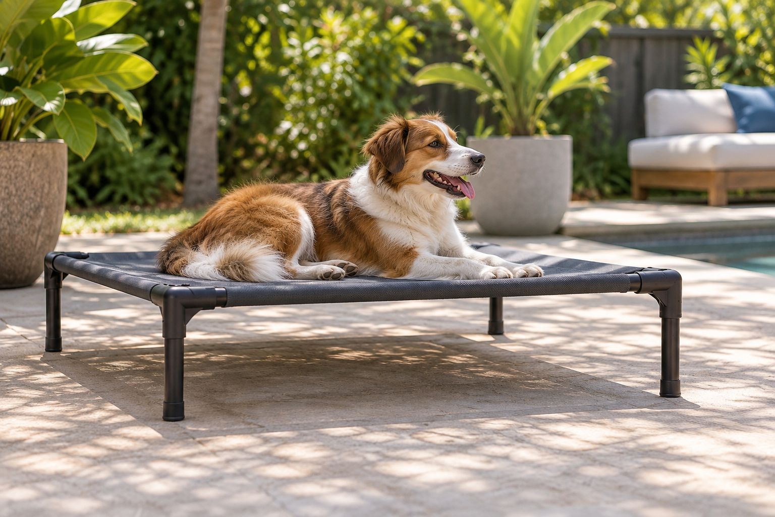 Dog resting on a raised mesh bed in the shade with airflow underneath