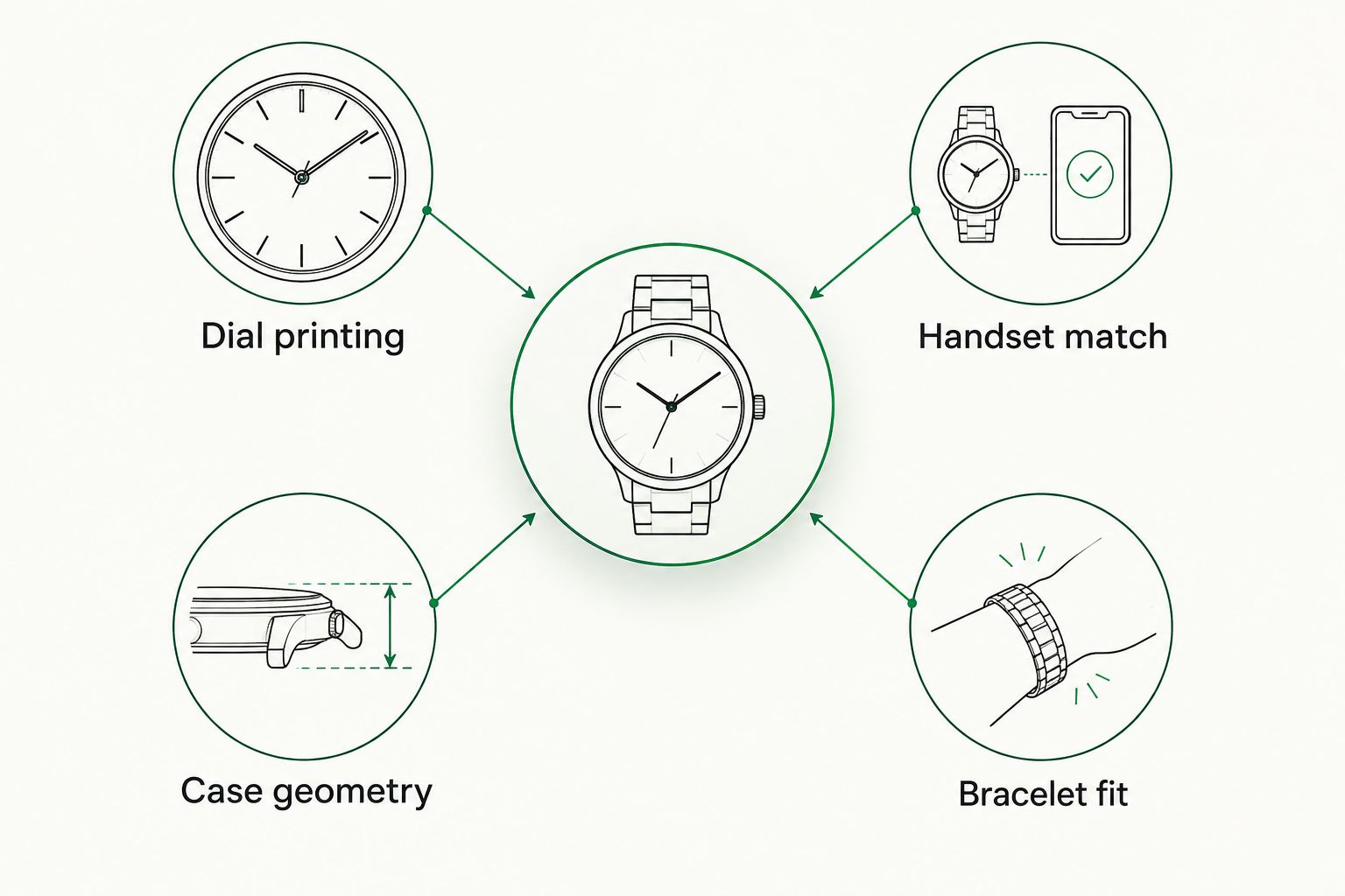 Inspection points for a used watch: dial printing, handset match, case geometry and bracelet fit