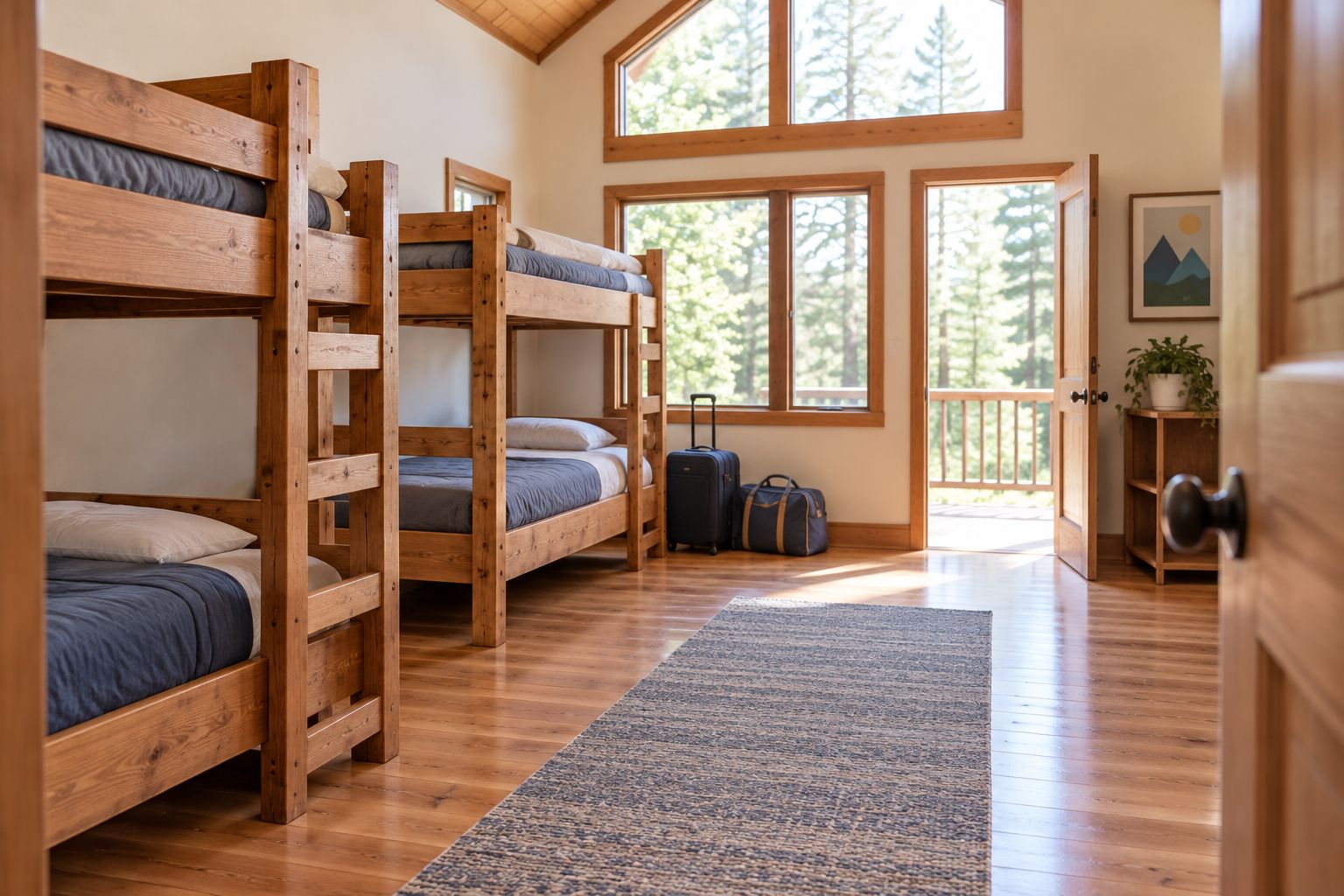 Retreat bedroom with a wooden bunk bed and clear access to the ladder and doorway