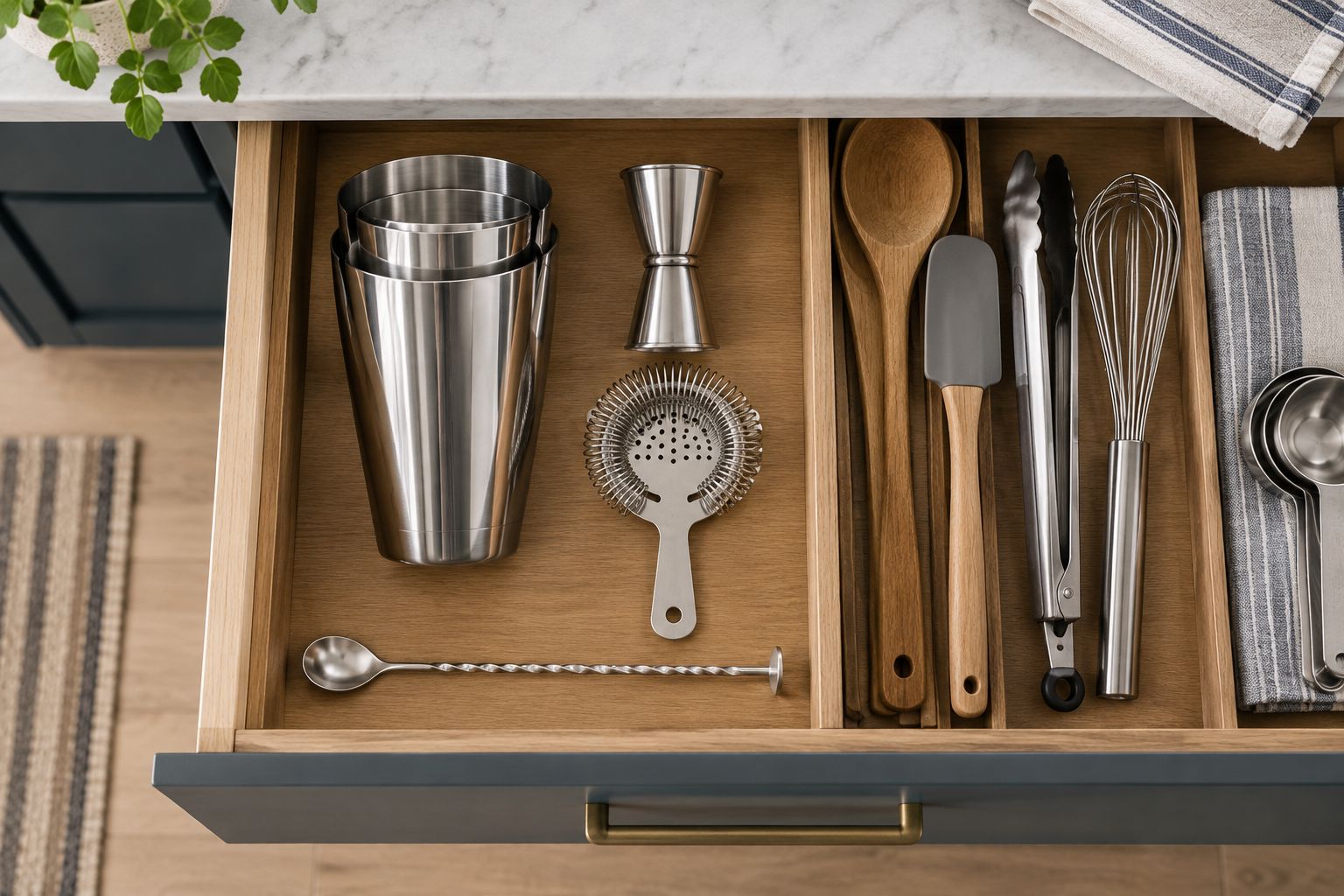 Nesting shaker tins and loose cocktail tools stored flat beside kitchen utensils