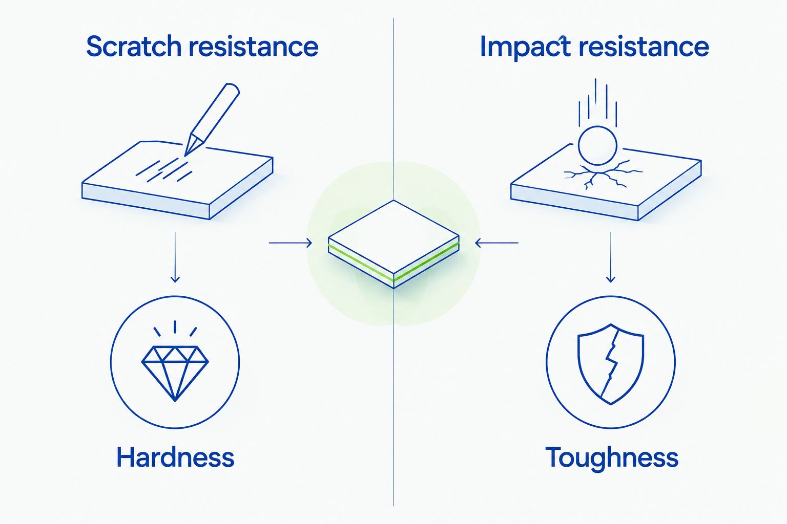 Two-column diagram distinguishing scratch resistance and hardness from impact resistance and toughness.